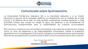 Comunicado de la UPS en defensa de Quimsacocha